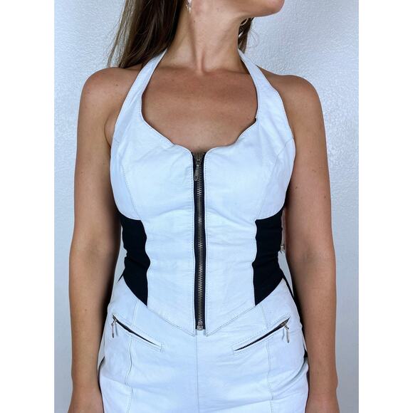 vintage 80s nwt Black, White WILSONS LEATHER two piece set Large nwt halter top - Picture 5 of 10